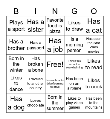 Getting to know you Bingo Card