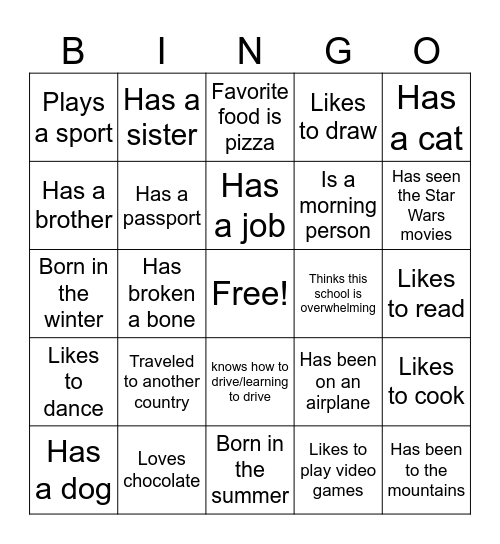 Getting to know you Bingo Card
