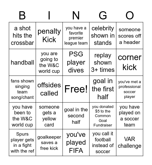 Common Goal Fundraiser - 2025 World Cup Bingo Card
