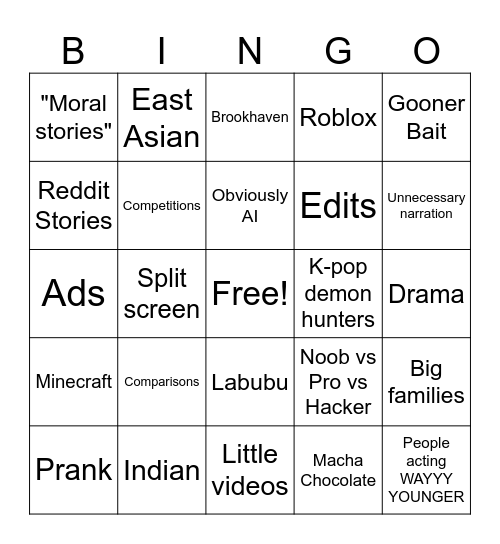 Youtube Bingo Card