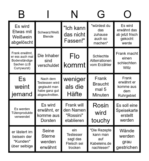 Rosins Restaurant Bingo Card