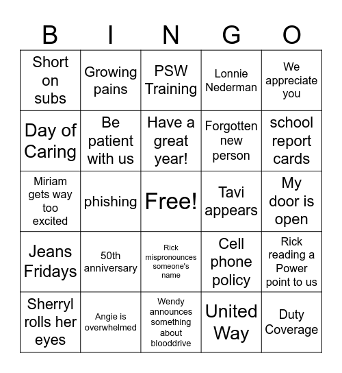 Teacher Workday Bingo Card