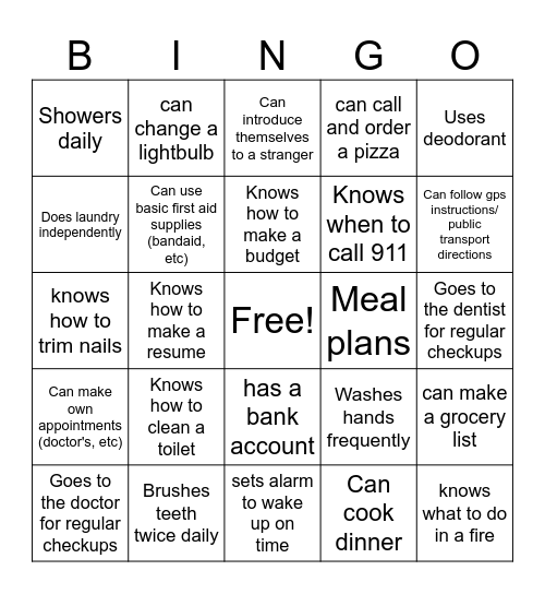 Independent Living Bingo Card
