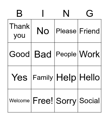 English Key Words Bingo. Bingo Card