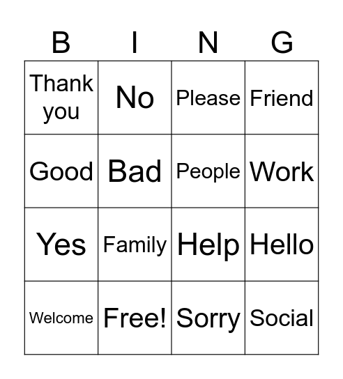English Key Words Bingo. Bingo Card