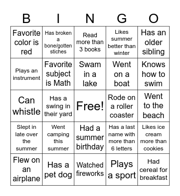 Back to School Bingo Card