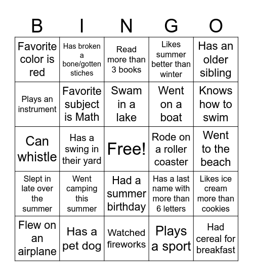Back to School Bingo Card