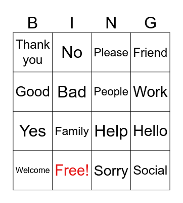 English Key Words Bingo. Bingo Card