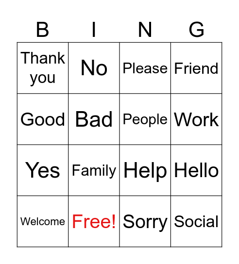 English Key Words Bingo. Bingo Card