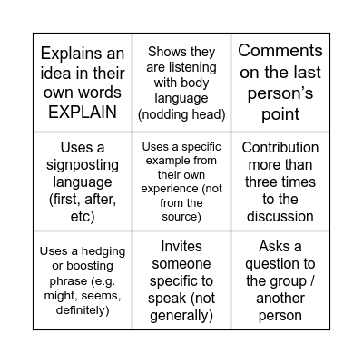 Listening Bingo Card