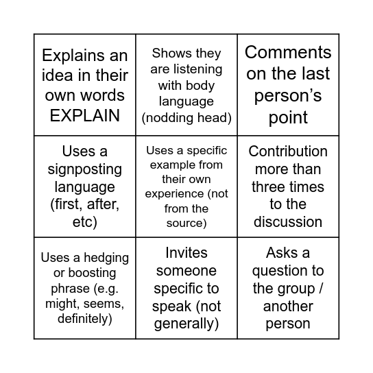 Listening Bingo Card