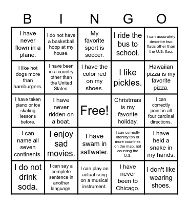 All About Me Bingo Card