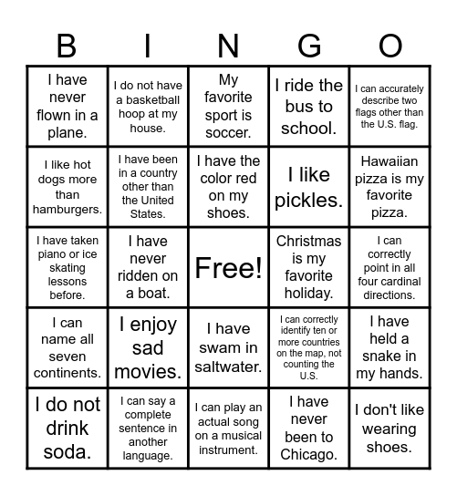 All About Me Bingo Card