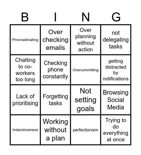 Time Management and Organisational Skills Bingo Card