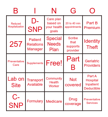 Medicare Bingo Card