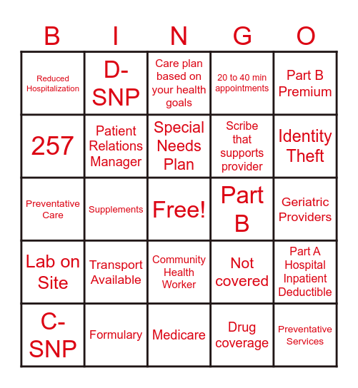 Medicare Bingo Card