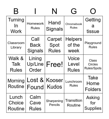 Back To School Expactation & Routines Bingo Card