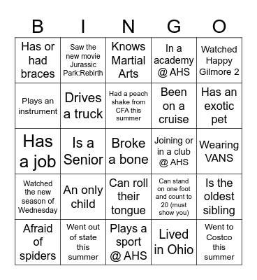 Back to School Bingo Card