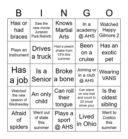 Back to School Bingo Card