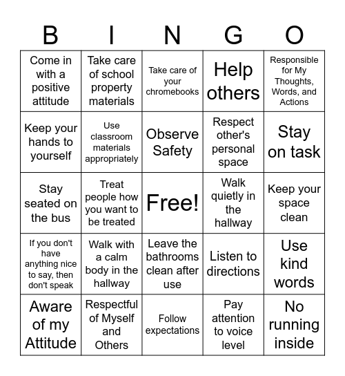 ROAR Expectations Bingo Card