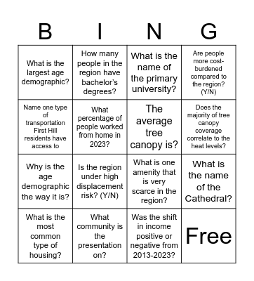 First Hill Bingo Card