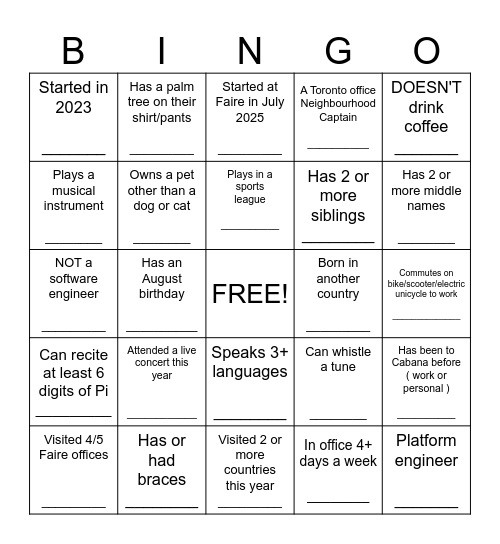Icebreaker Bingo! Name:___________ Bingo Card
