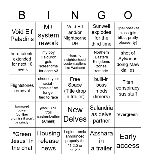 Gamescom wow Midnight prediction Bingo Card