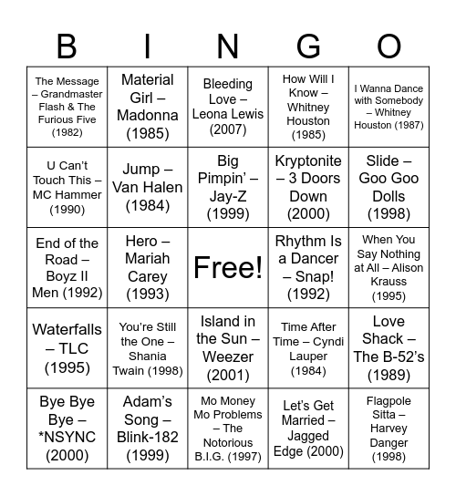 80's, 90's, 2000's BINGO Card