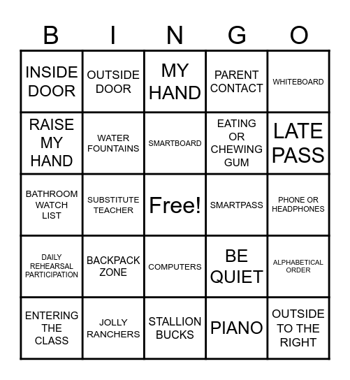 RULES AND PROCEDURES Bingo Card