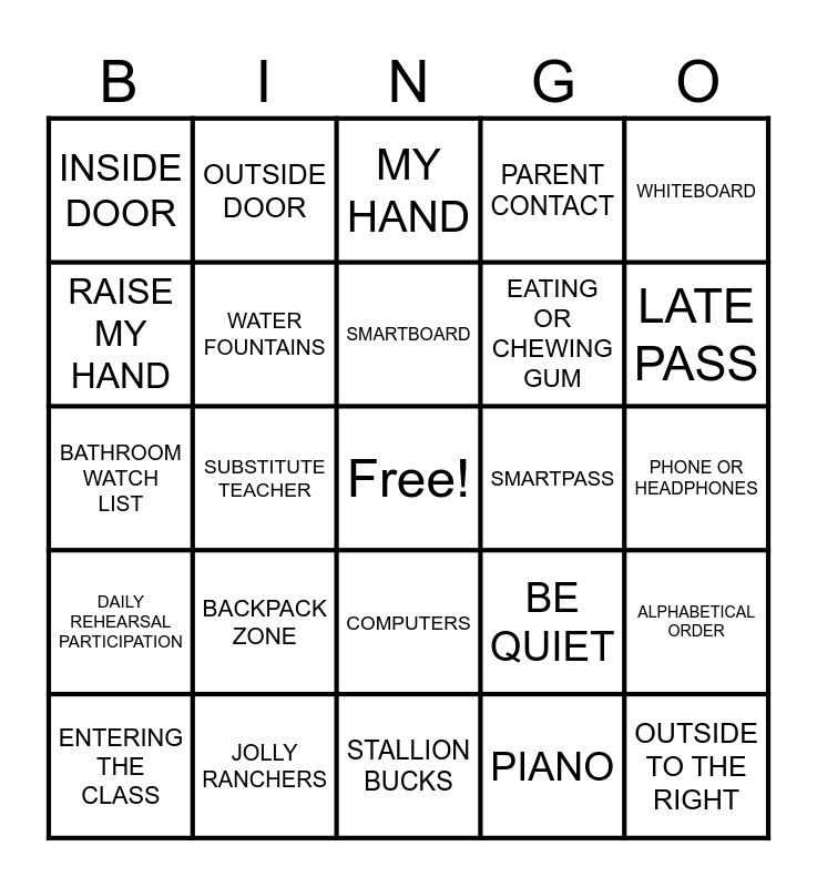 RULES AND PROCEDURES Bingo Card