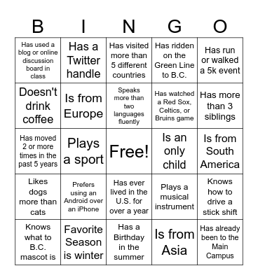 Get to Know You Bingo Card