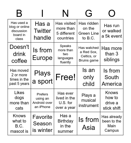 Get to Know You Bingo Card