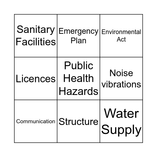 Health and Safety Bingo Card