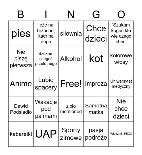 Tinder Wilson Bingo Card