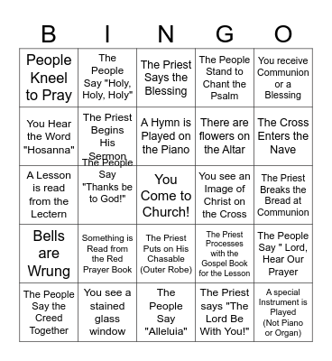 Anglican Church Bingo - Place on X on the space when each part of the service happens! Bingo Card