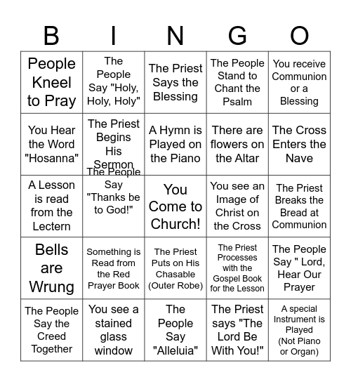 Anglican Church Bingo - Place on X on the space when each part of the service happens! Bingo Card