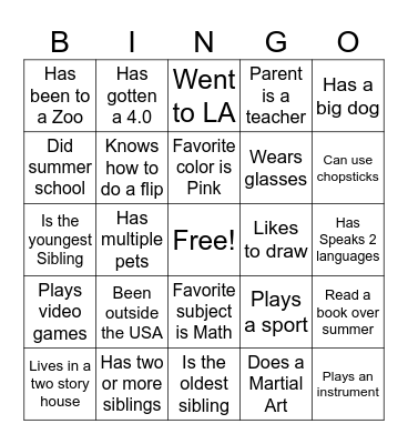 First Day Bingo Card
