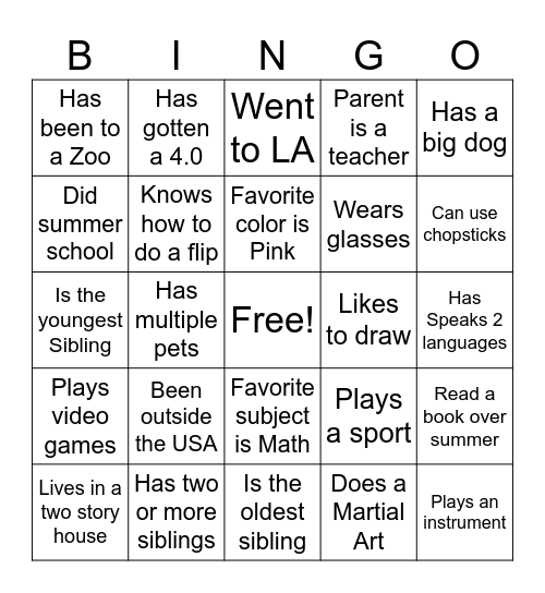 First Day Bingo Card