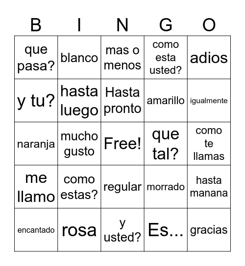 Spanish Greetings Bingo Card