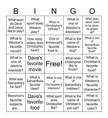 Classmate Bingo Card