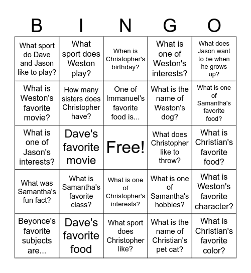 Classmate Bingo Card