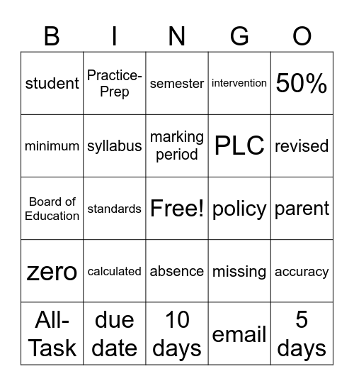 Grading and Reporting Bingo Card