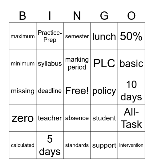 Grading and Reporting Bingo Card