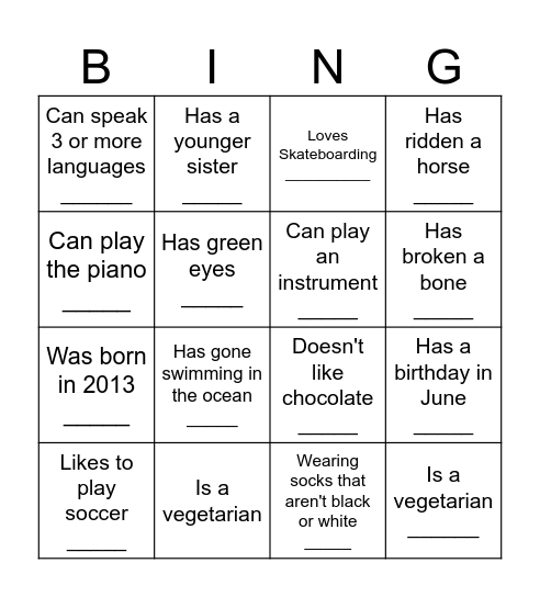 Human Scavenger Hunt Bingo Card