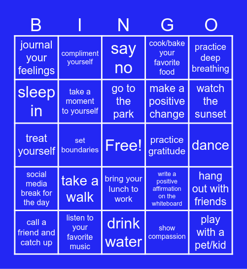 Self Care Bingo Card
