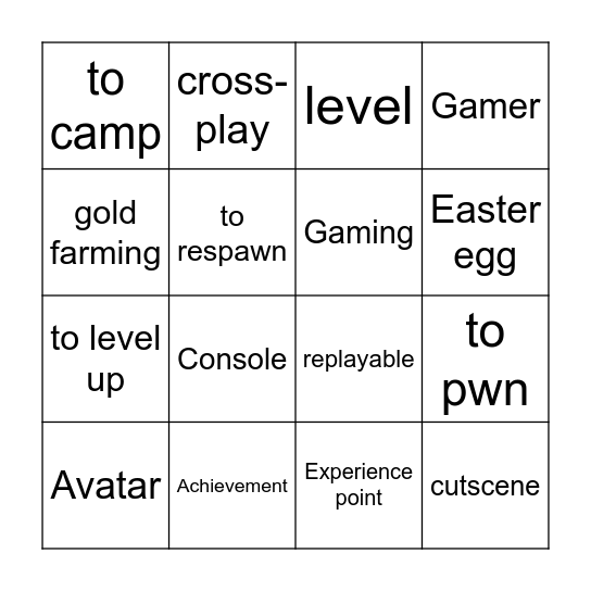 Gaming vocabulary Bingo Card