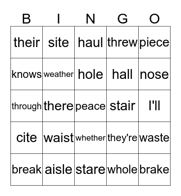 Homophones Bingo Card