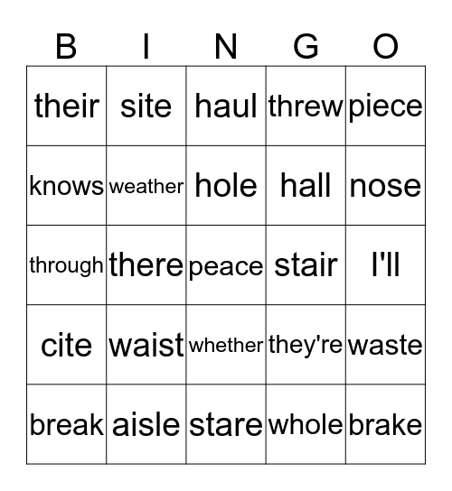 Homophones Bingo Card