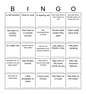 Icebreaker Bingo Card
