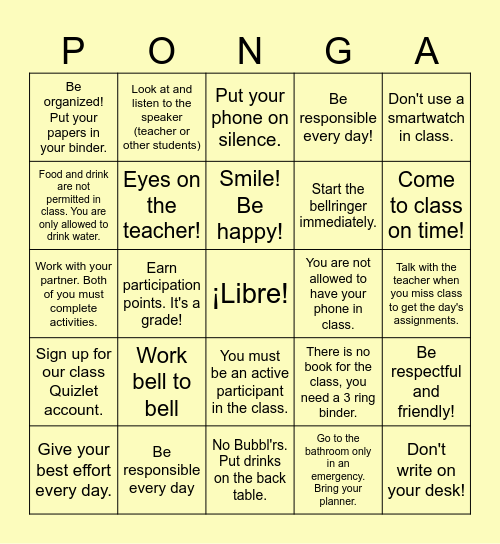 Reglas de la Clase Bingo Card